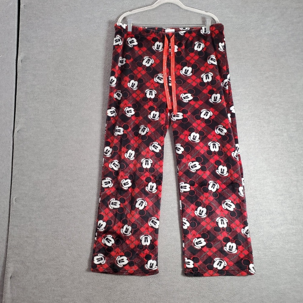 Disney Women Sleepwear Large Red Pajama Pants Plaid Mickey Mouse Fleece Pockets